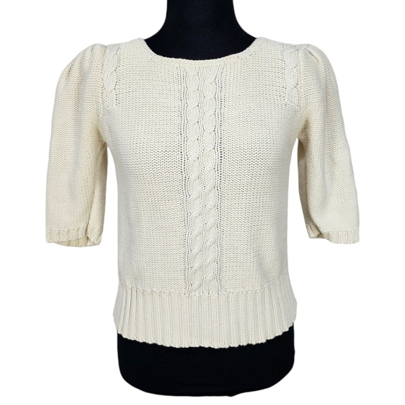 John Bull London Hand Framed Ivory Cable Knit Puffed Elbow Sleeve Sweater Medium - Picture 1 of 12